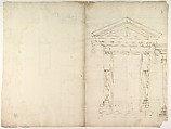 Palazzo dei Conservatori, portico, plan; façade cornice, elevation; minor order, cornice; column, elevation; pedestal, elevation (recto); Palazzo dei Conservatori, portal, elevation; section (verso), Anonymous, French, 16th century, Pen and dark brown ink, black chalk, and incised lines