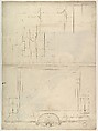 St. Peter's, attic, window, elevation (recto) St. Peter's, apse, plan; window, cornice, elevation profile; arch frame, elevation profile (verso), Drawn by Anonymous, French, 16th century, Dark brown ink, black chalk, and incised lines