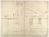 Temple of Hercules, Cori, plan, elevation; portal, details; Doric order, details (recto) St. Peter's, drum, section (verso), Drawn by Anonymous, French, 16th century, Dark brown ink, black chalk, and incised lines