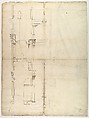 Temple of Hercules, Cori, plan, elevation; portal, details; Doric order, details (recto) St. Peter's, drum, section (verso), Drawn by Anonymous, French, 16th century, Dark brown ink, black chalk, and incised lines