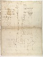 St Peter's, entablature profile; reflected ceiling details of the cornice, and profiles of column bases and pedestals (recto)
St. Peter's, section through drum of model and entablature of upper story (verso), Drawn by Anonymous, French, 16th century, Dark brown ink, black chalk, and incised lines