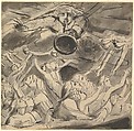 The Last Trumpet (recto); Two studies of a right eye, a profile of an open-mouthed young man, the head of an eagle, and the head of a lion (verso), William Blake  British, Recto: pen and gummed carbon black ink and layered gray ink washes with graphite underdrawing and reductive techniques<br/>Verso: black chalk