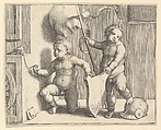 Two Nude Children Supporting a Blank Shield, Lucas van Leyden Netherlandish, Engraving