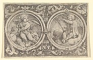 Two Putti Seated in Clouds in Circles with Tendrils, Lucas van Leyden  Netherlandish, Engraving
