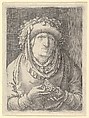 Old Woman With Grapes, Lucas van Leyden  Netherlandish, Engraving