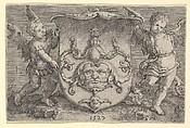 Coat of Arms with a Mask, Held by Two Genii, Lucas van Leyden  Netherlandish, Engraving