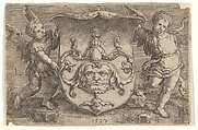 Coat of Arms with a Mask, Held by Two Genii, Lucas van Leyden Netherlandish, Engraving