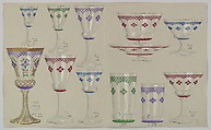 Designs for Glass Drinking Glasses and Tableware, Anonymous, Czech, early 20th century  Czech, Ink, wash, watercolor and gouache on gray paper