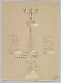 Design for Small Silver Ornaments: A Branched Candlestick, a Violin, a Small Table, a Woman Beside a Tree and a Man Pushing a Woman on a Swing, Anonymous, Czech, early 20th century  Czech, Purple pigment on beige paper (mimeograph/blue print reproductive process?)