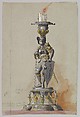 Design for a SIlver Candlestick in the Form of King Arthur or Theodoric, Anonymous, Czech, early 20th century  Czech, Ink, watercolor and gouache on gray paper