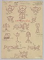 Design for Small SIlver Ornaments: Tea and Coffee Service, Carriages, Sleigh, Birdcage, Basket, Loving Cup, and Figure Carrying Buckets on Yoke, Anonymous, Czech, early 20th century  Czech, Purple pigment on beige paper (mimeograph/blue print reproductive process?)
