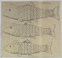 Design for Three Silver Fishes, Anonymous, Czech, early 20th century  Czech, Graphite and red pigment on gray paper