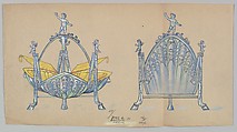 Design for Silver Dish with Opening Sides, Ornamented with Child Bacchus and Cupids, Anonymous, Czech, early 20th century  Czech, Ink and gouache on beige paper