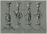 Design for Four Silver Candlesticks with Lady and Gentleman and Country Boy and Girl, Anonymous, Czech, early 20th century  Czech, Graphite, ink and gouache on gray paper