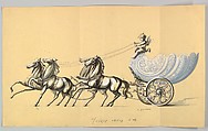 Design for an Ornamental Carriage with Silver Wheels, Drawn by Four Silver Horses and Driven by a Putto, the Body a Glass Shell, Anonymous, Czech, early 20th century  Czech, Ink and gouache on yellow beige paper