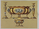 Design for Large and Small Silver Dishes and Pair of Candlesticks, Anonymous, Czech, early 20th century  Czech, Ink and gouache on brown paper