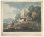 Wooded Landscape with Herdsmen Driving Cattle over a Bridge, Rustic Lovers and Ruined Castle, Thomas Gainsborough  British, Hand-colored soft-ground etching and aquatint; third state of three