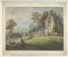 Wooded Landscape with Peasant Reading Tombstone, Rustic Lovers and Ruined Church, Thomas Gainsborough  British, Hand-colored soft-ground etching and aquatint; fourth state of four