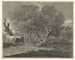 Wooded Landscape with Cows beside a Pool, Figures and Cottage, Thomas Gainsborough (British, Sudbury 1727–1788 London), Soft-ground etching with aquatint, printed in gray ink