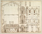 Palazzo Farnese, section (recto) blank (verso), Drawn by Anonymous, French, 16th century, Dark brown ink, black chalk, and incised lines