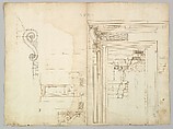 Palazzo Massimo alle Colonne, portico, elevation; portal, cornice, section; portal bracket, detail; fireplace, detail (recto) blank (verso), Drawn by Anonymous, French, 16th century, Dark brown ink, black chalk, and incised lines