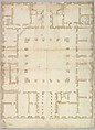 Palazzo Farnese, plan, ground floor (recto) blank (verso), Drawn by Anonymous, French, 16th century, Dark brown ink, black chalk, and incised lines