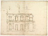 Villa Giulia, Casino, elevation, Drawn by Anonymous, French, 16th century, Dark brown ink, black chalk, and incised lines