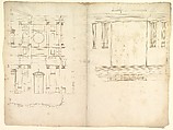 San Lorenzo, model, right half façade (left hand of folio); San Lorenzo, Library, Ricetto, consoles, elevation (right hand) (recto) blank (verso), Drawn by Anonymous, French, 16th century, Dark brown ink, black chalk, and incised lines