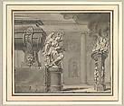 Classical Scene with a Tomb and Flaming Brazier, Gilles-Marie Oppenord (French, Paris 1672–1742 Paris), Pen and black and gray ink, brush and black and gray wash, over traces of graphite underdrawing, with framing lines in pen and black ink