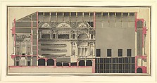 Longitudinal Section of a Theatre, Nicolas Marie Potain (1713–1796), Pen and black and gray ink, brush and gray, black, rose, and yellow wash