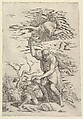 The sacrifice of Abraham who needs before Isaac who raises his sword to strike him, Battista Franco  Italian, Etching