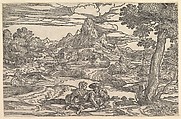 Landscape with a woman seated next to a man playing a hurdy-gurdy, Domenico Campagnola  Italian, Woodcut