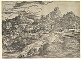 Landscape with family walking together in the foreground, at left two figures with herd of goats and sheep; a mill (?) and other buildings in the background, Domenico Campagnola  Italian, Woodcut
