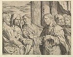 The Triubute Money: Christ at center right gesturing to man at his left with coins in his hand, other figures surrounding them; columns and drapery in the background, Domenico Campagnola  Italian, Engraving and etching