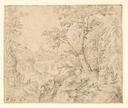Rugged Wooded River Landscape with Travellers on a Road and a Town Beyond, Philip van den Bossche Netherlandish, Pen and brown ink; framing lines in pen and brown ink