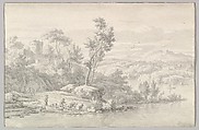 Southern Landscape with Figures and Cattle at a River, Jan van der Meer the Younger Dutch, Black chalk, brush and gray wash; framing lines in pen and black ink over framing lines in pen and brown ink
