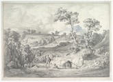Southern landscape with a man and a snake, Heinrich Dreber  German, Graphite, blue watercolor