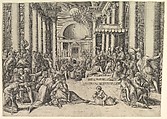 Constantine Presenting the City of Rome to the Holy See, at right, many spectators throughout, a child playing with a dog in the foreground, Battista Franco  Italian, Etching and engraving
