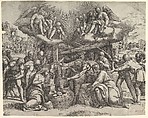 The Adoration of the Shepherds with angels overhead, Battista Franco  Italian, Etching and engraving; first state of two