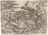 Landscape with a Horseman and His Groom, Battista Franco  Italian, Etching; first state of two