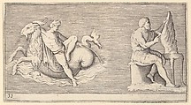 Figure on Seagoat; Man Carving Wing, from "Ex Antiquis Cameorum et Gemmae Delineata", Anonymous, Italian, 16th century  Italian, Engraving; third state