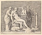 Man Attended by Three Women, from "Ex Antiquis Cameorum et Gemmae Delineata/ Liber Secundus/et ab Enea Vico Parmen Incis", Anonymous, Italian, 16th century Italian, Engraving; third state