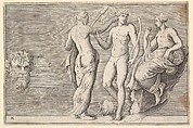 Head of Satyr and Three Figures, from "Ex Antiquis Cameorum et Gemmae Delineata/ Liber Secundus/et ab Enea Vico Parmen Incis", Anonymous, Italian, 16th century  Italian, Engraving; third state