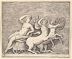 Reclining Female Figure on a Chariot drawn by Two Centaurs, from "Ex Antiquis Cameorum et Gemmae Delineata/ Liber Secundus/et ab Enea Vico Parmen Incis", Anonymous, Italian, 16th century  Italian, Engraving; third state