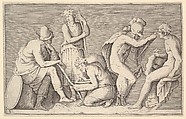 Scene of Sacrifice with Warrior Killing Ram and Four Other Figures, from "Ex Antiquis Cameorum et Gemmae Delineata/ Liber Secundus/et ab Enea Vico Parmen Incis", Anonymous, Italian, 16th century  Italian, Engraving; third state