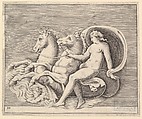 Female Nude with Two Seahorses, from "Ex Antiquis Cameorum et Gemmae Delineata/ Liber Secundus/et ab Enea Vico Parmen Incis", Anonymous, Italian, 16th century Italian, Engraving; third state