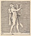 Hercules playing a lyre, a lionskin draped over his shoulder, from "Ex Antiquis Cameorum et Gemmae Delineata/ Liber Secundus/et ab Enea Vico Parmen Incis", Anonymous, Italian, 16th century  Italian, Engraving; third state