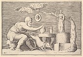 A Faun or Satyr Preparing a Pig for Sacrifice, from "Ex Antiquis Cameorum et Gemmae Delineata/ Liber Secundus/et ab Enea Vico Parmen Incis", Anonymous, Italian, 16th century  Italian, Engraving; third state
