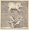 A Belted Pig and Two Cupids (or Geniuses) with a Butterfly (or Moth), from "Ex Antiquis Cameorum et Gemmae Delineata/ Liber Secundus/et ab Enea Vico Parmen Incis", Anonymous, Italian, 16th century  Italian, Engraving; third state