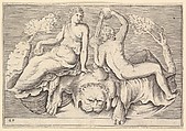 Woman and Man Seated on Lionskin, Man Pouring Wine, from "Ex Antiquis Cameorum et Gemmae Delineata/ Liber Secundus/et ab Enea Vico Parmen Incis", Anonymous, Italian, 16th century  Italian, Engraving; third state